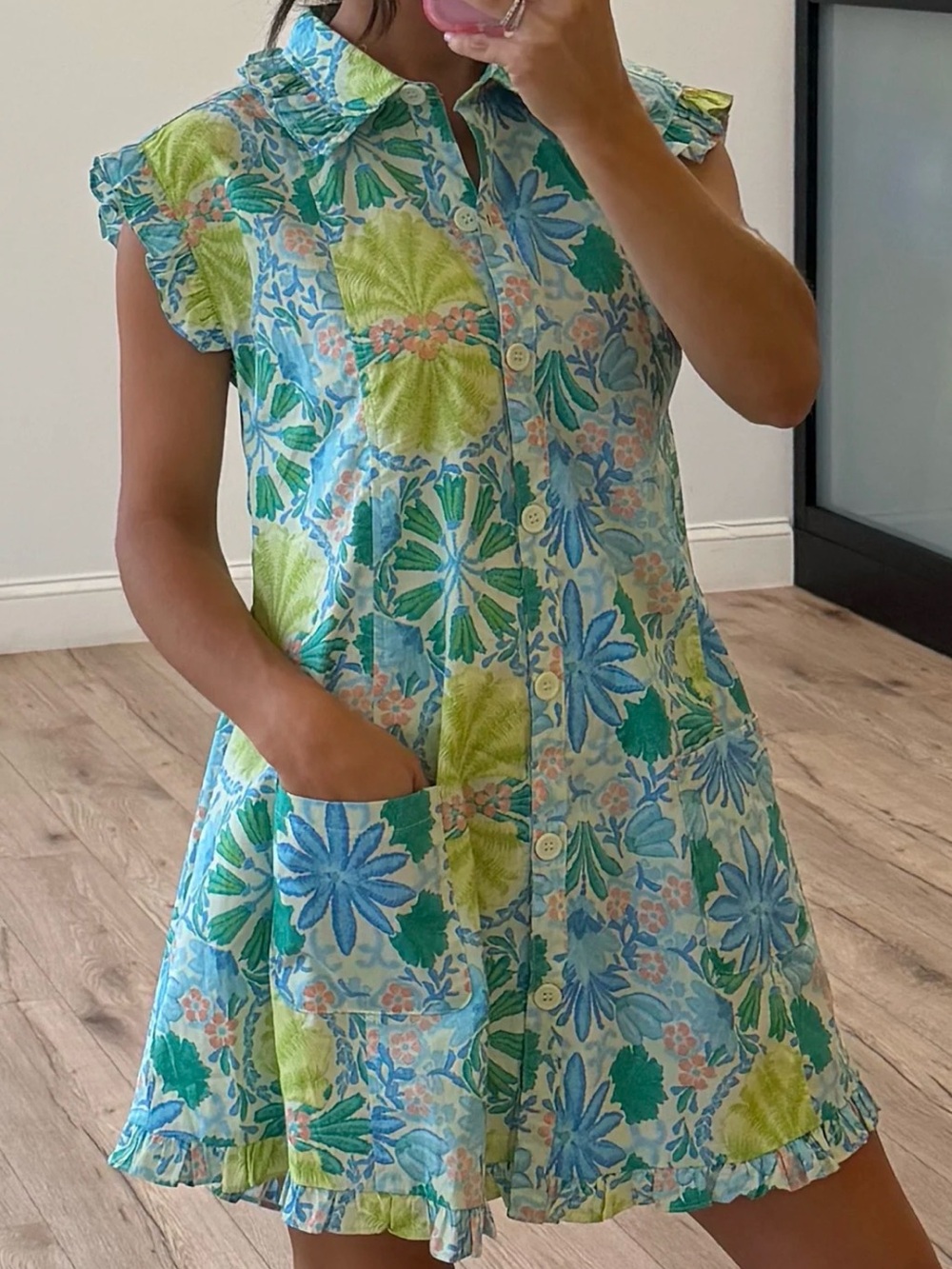 Olivaceous Blue & Green Floral Button-Front Mini Dress